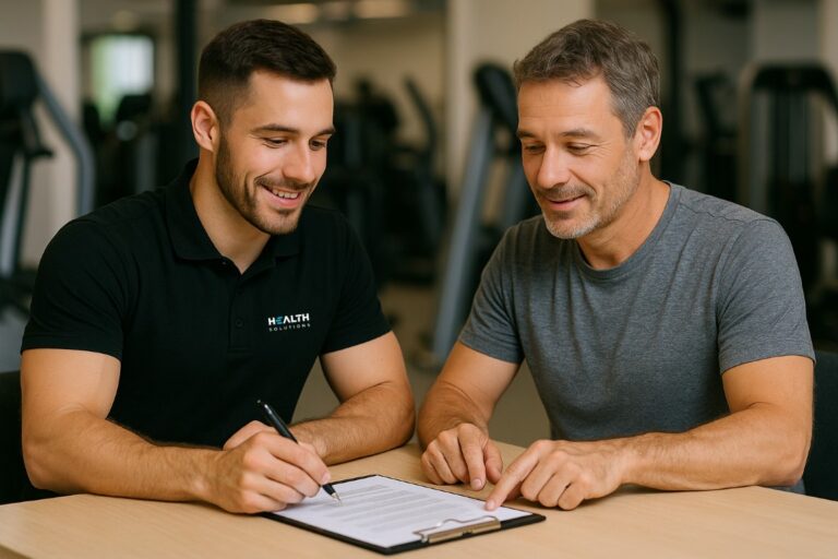 Konsultant Health Solutions omawia dokumenty z właścicielem klubu fitness podczas spotkania biznesowego